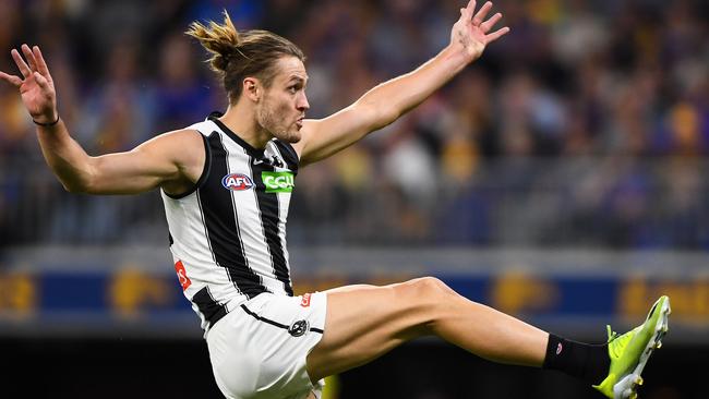 Darcy Moore booted three goals for the Magpies on Friday night. Picture: Daniel Carson/AFL Photos