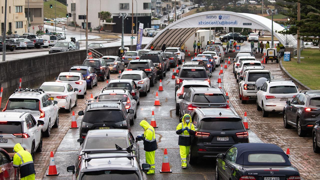 People queue for testing at Bondi Beach, Sydney. Picture: NCA NewsWire / James Gourley