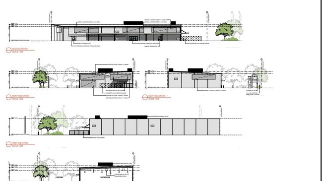 Elevations by Red Dog Architects of what the retail showroom would look like.