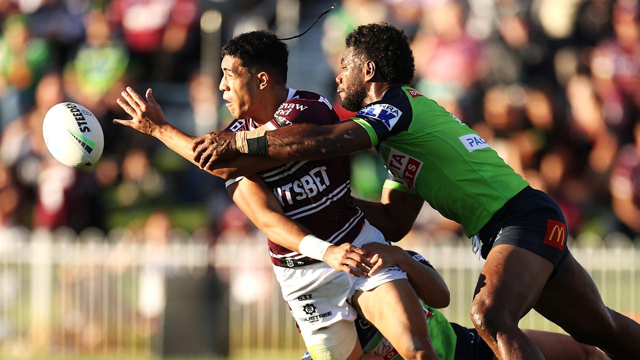 Tolutau Koula will start in the centres for Manly against South Sydney. Picture: Mark Kolbe/Getty Images