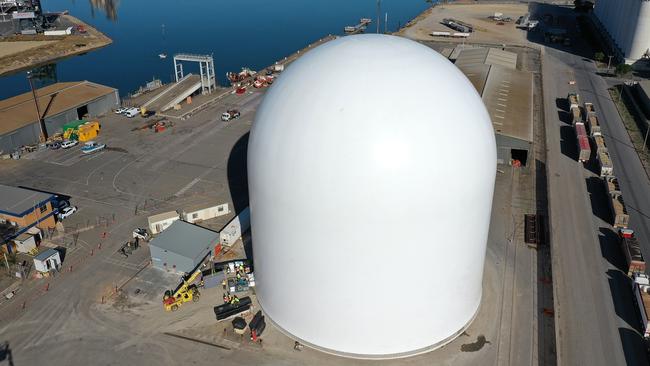 The 42m-tall Domesilo cement storage after it was fully inflated at Hallett’s Green Cement Distribution Hub. Picture: Hallett Concrete