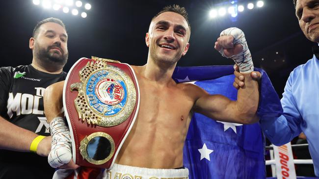 Jason Moloney celebrates after defeating Vincent Astrolabio for the WBO bantamweight title. Picture: Getty Images