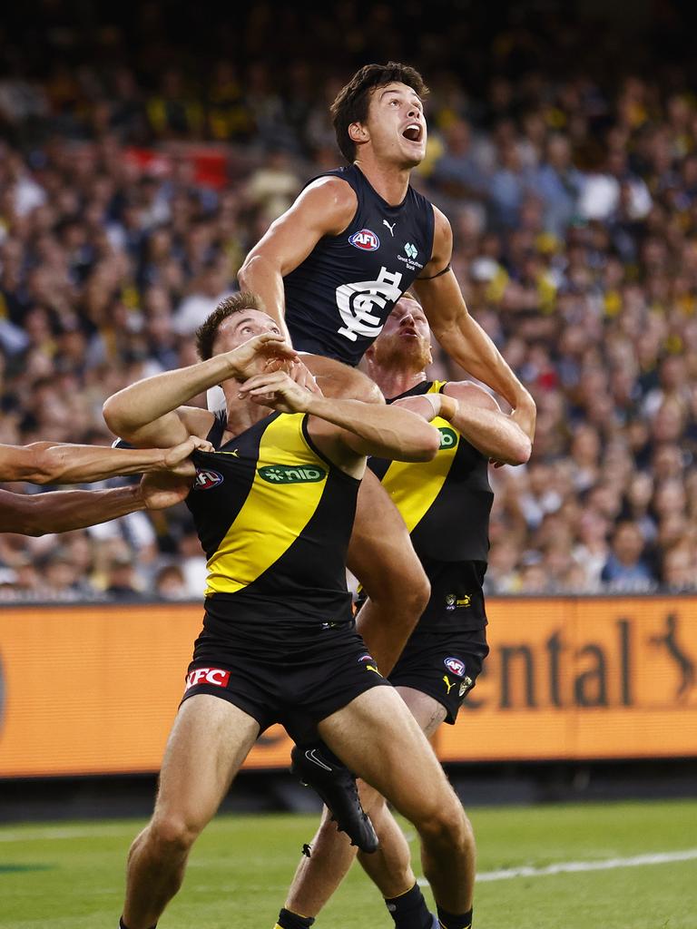 Jack Silvagni opened his account with a high flying mark over Noah Balta in the early stages of Carlton’s opening round draw with Richmond. (Photo by Daniel Pockett/Getty Images)