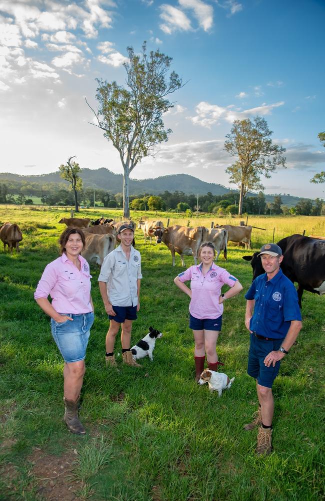 Dairy Farmer Ms Tommerup and her kids Harry and Georgia and husband Dave on their micro dairy farm in the Kerry Valley region of the Scenic Rim. Photo: Supplied
