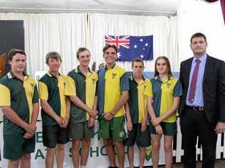 YEAR 10 GRADUATES: Bryce Bilington, Harrison McLaughlin, Mitchell Blanck, Ben McAuliffe, Dean Frohloff, Sarah Morrow and Principal Jason Edmondstone. Picture: Shannon Hardy