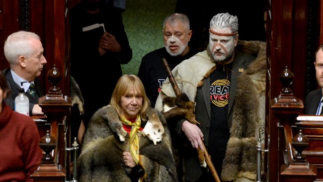 Co-Chairs of the First Peoples’ Assembly of Victoria Geraldine Atkinson and Marcus Stewart arrive to address the Victorian Parliament in Melbourne.