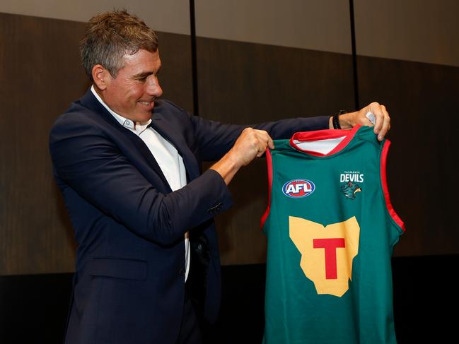 DEVONPORT, AUSTRALIA - MARCH 18: Matthew Richardson poses with The Tasmania Devils inaugural jumper during the Tasmania Football Club Launch at Paranaple Convention Centre on March 18, 2024 in Devonport, Australia. (Photo by Michael Willson/AFL Photos via Getty Images)