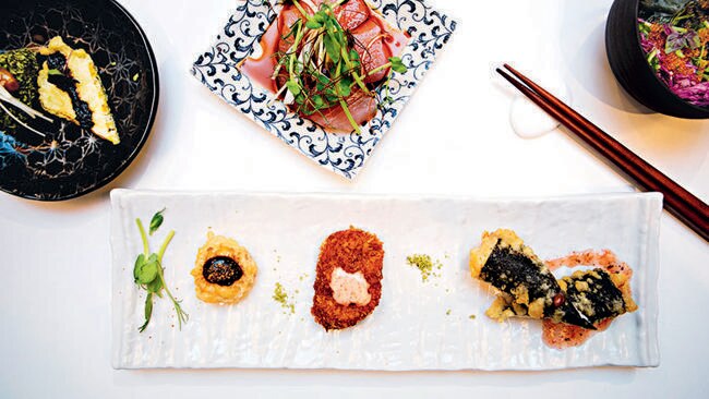Tempura trio: Wakame Red Cabbage Sunomono, Kingfish Sashimi, Dashi Maki Egg Roll at Miki'