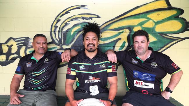 Helensvale Hornets New Rugby League Coach Clinton Toopi ( C ) with Assistant Coach Julius Kuresa ( LEFT ) and President Wayne Court ( RIGHT ) at Robert Dalley Park Helensvale. Photograph : Jason O'Brien