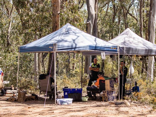 Police and forensics search for remains of Wonnangatta campers Russell Hill and Carol Clay near Dargo. Picture: Jason Edwards