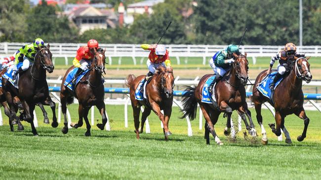 It was too late for High Octane (second from left) when he finally saw clear air. Picture: Pat Scala/Racing Photos via Getty Images