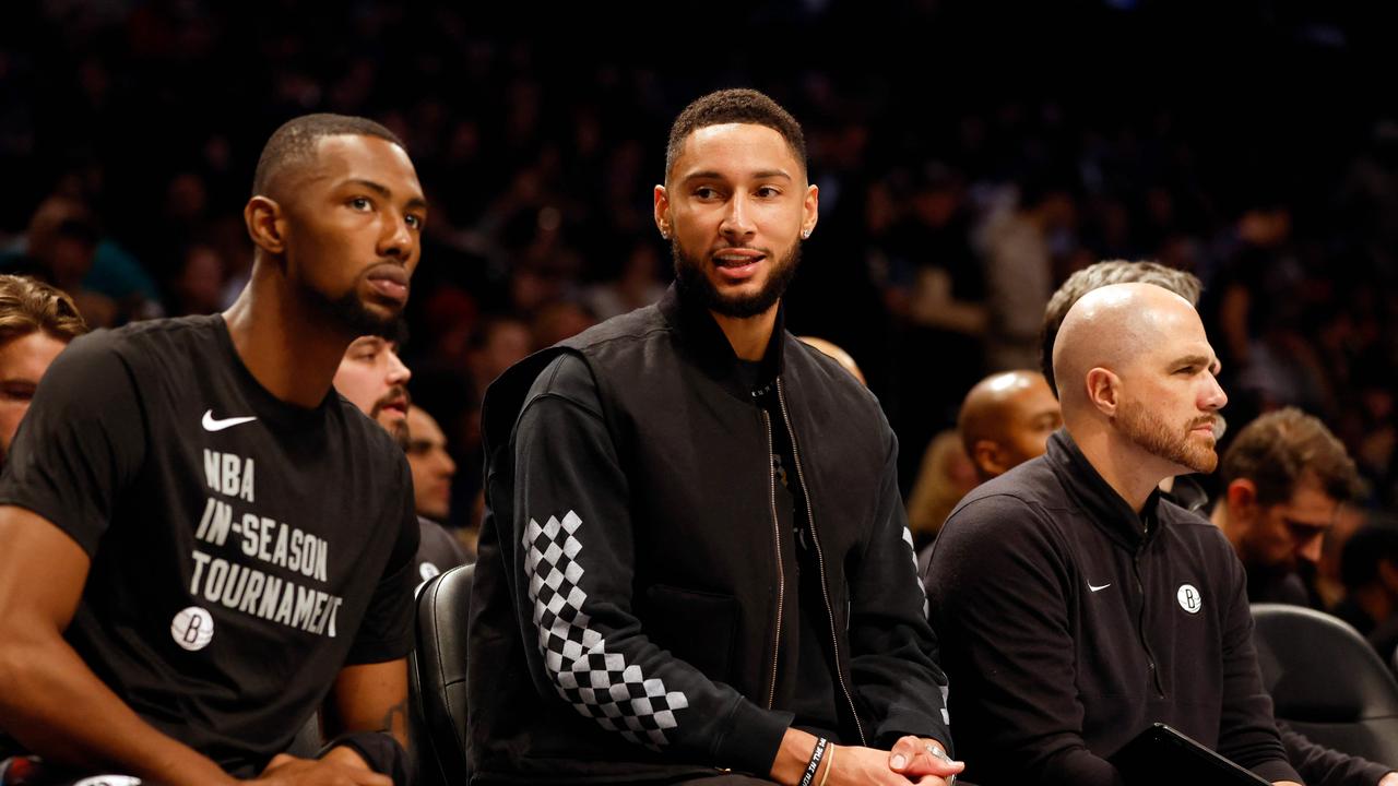 NEW YORK, NEW YORK - NOVEMBER 28: Ben Simmons #10 of the Brooklyn Nets looks on from the bench during the second half of an NBA In-Season Tournament game against the Toronto Raptors at Barclays Center on November 28, 2023 in the Brooklyn borough of New York City. The Nets won 115-103. NOTE TO USER: User expressly acknowledges and agrees that, by downloading and/or using this photograph, User is consenting to the terms and conditions of the Getty Images License Agreement. Sarah Stier/Getty Images/AFP (Photo by Sarah Stier / GETTY IMAGES NORTH AMERICA / Getty Images via AFP)