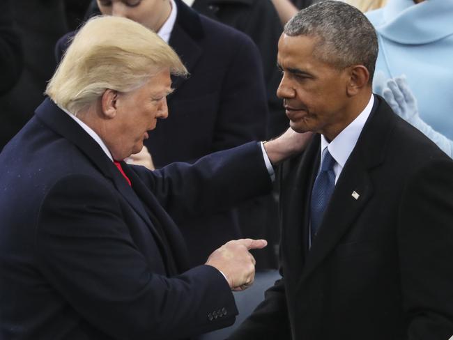 President Donald Trump points at Former President Barack Obama after his speech during the 58th Presidential Inauguration at the U.S. Capitol in Washington on January 20, 2017. Picture: AP