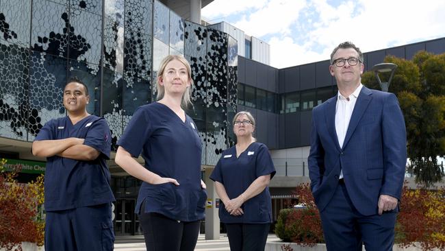 Royal Adelaide Hospital staff including nurses Ryan Sachs, Laura Evans, Mandy Kocher and CALHN executive director of medical services Professor Gerry O’Callaghan spent 12 days in Victoria providing relief to staff at the Northern Hospital Epping. Picture: Naomi Jellicoe