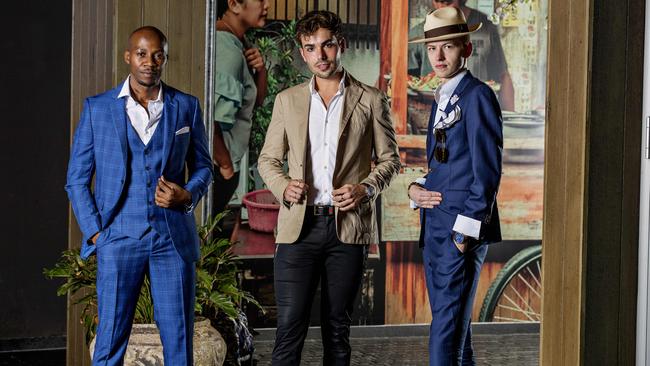 From left, Farai Chiwedza, James Carney and Michael Dunn at Chop Chop, Surfers Paradise, for Best Dressed 2019. Picture: Jerad Williams