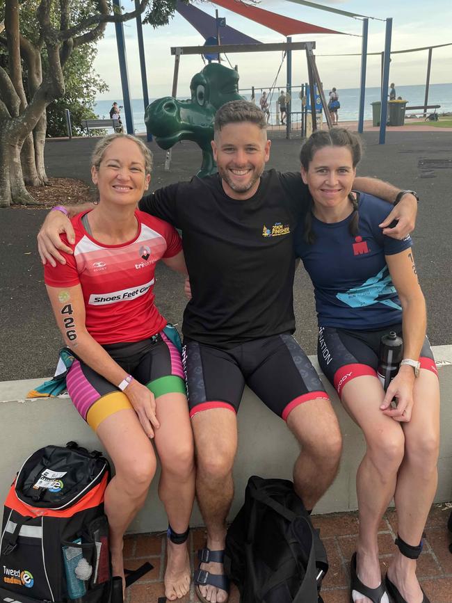 Kate Wardrope, Brandon Robertson and Melissa Derickx at the Hervey Bay 100 Triathlon on Sunday, November 26, 2023.