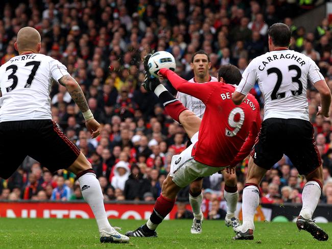 Dimitar Berbatov scored an acrobatic second goal on the way to a hat-trick against Liverpool.