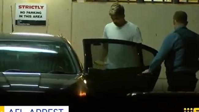 Sydney Swans player Elijah Taylor at Perth’s Cannington Police Station Picture: Nine News