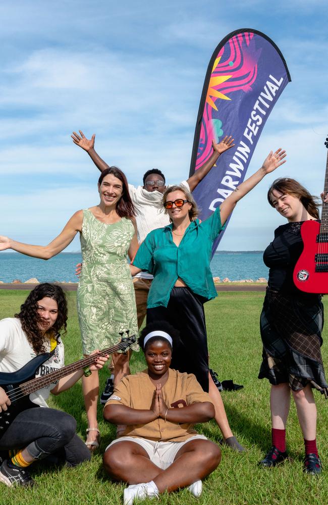 Front (L-R) Roxanne Voulanas, Esther Mutalemba. Middle (L-R) Artistic Director Kate Fell, Alanah White, Elizabeth Albiston and Samson Mashimango during the launch of Darwin Festival at the Fort Hill Parklands on June 3, 2025. Picture: Pema Tamang Pakhrin
