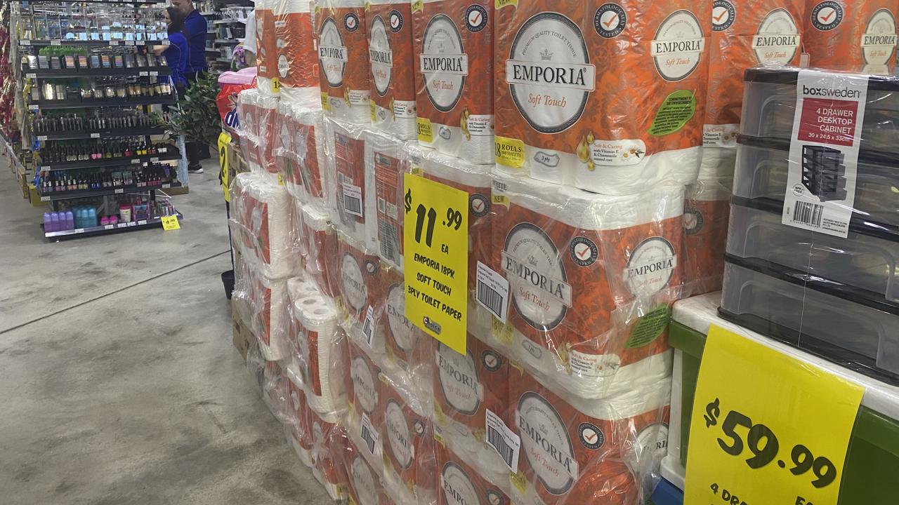 Toilet paper stacked high at the Choice Discount Store at Noosa Civic. Picture: Eddie Franklin