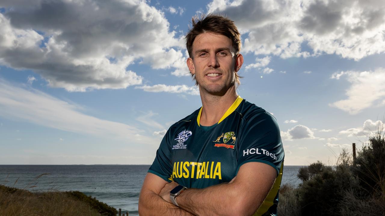 Mitchell Marsh poses during a photo shoot at Swanbourne Beach on April 22, 2024 in Perth, Australia. (Photo by Paul Kane/Getty Images for Cricket Australia)