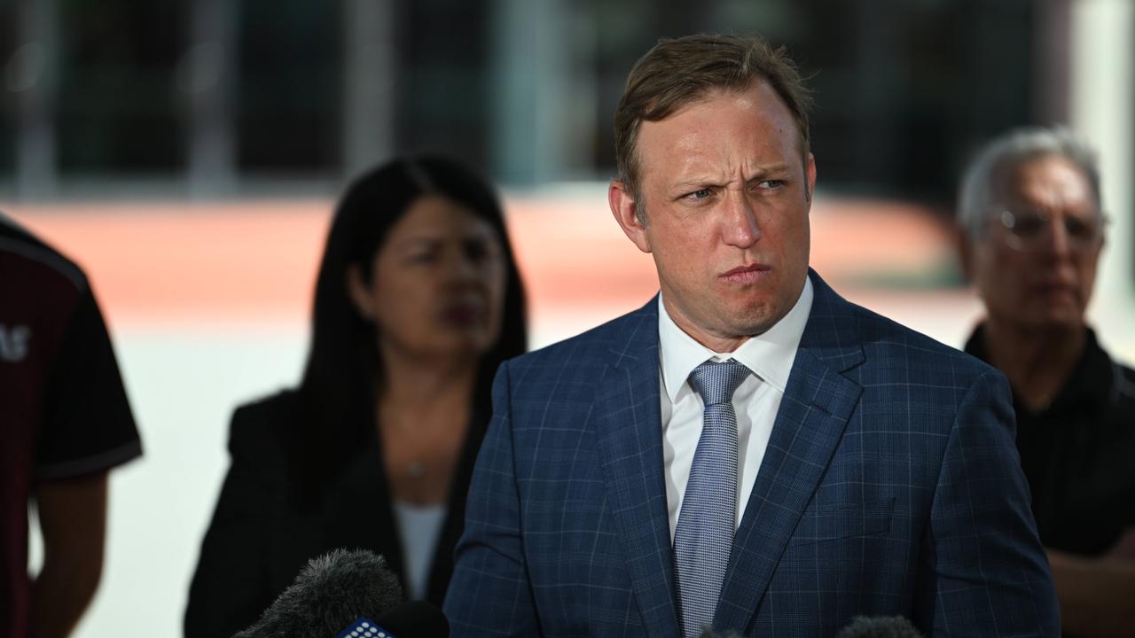 Premier Steven Miles, Minister Grace Grace speaks to the media explaining he will ignore the key finding in the Brisbane 2032 Olympic Games venues review. Pic: Lyndon Mechielsen