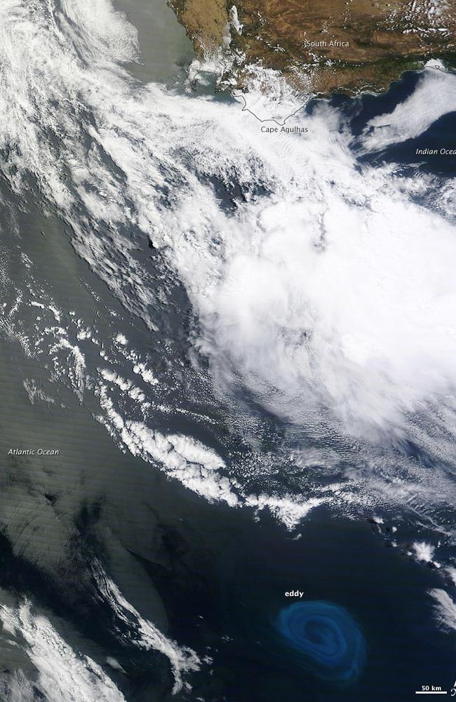 A deep ocean eddy observed from NASA’s Terra satellite in late 2011. Scientists have found that similar eddies far off Africa’s tropical coast contain “dead zones” starved of oxygen.