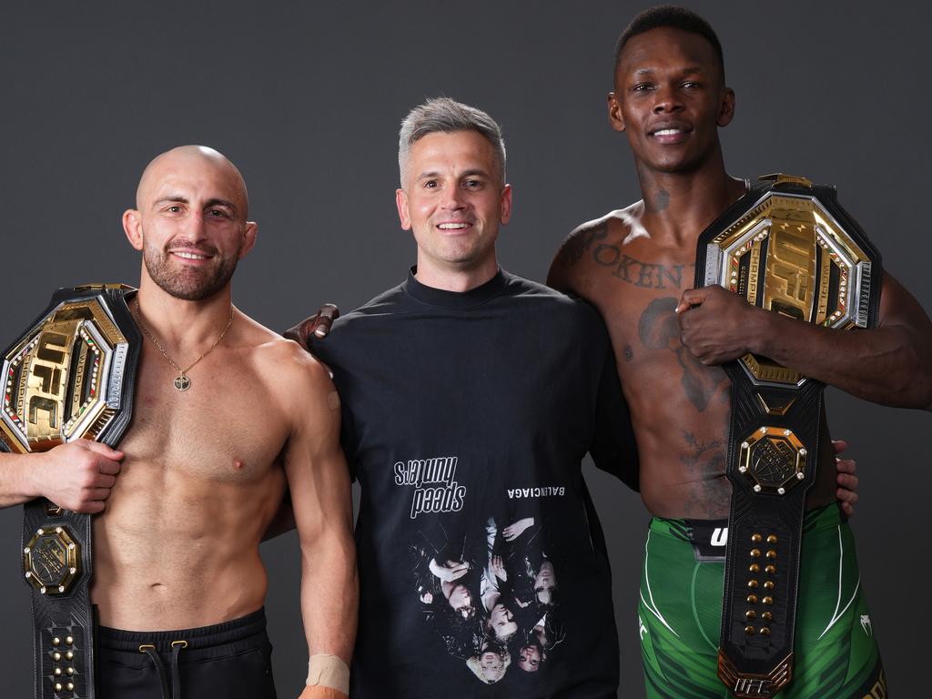 Volkanovski with Belcastro and Israel Adesanya. Picture: Mike Roach/Zuffa LLC