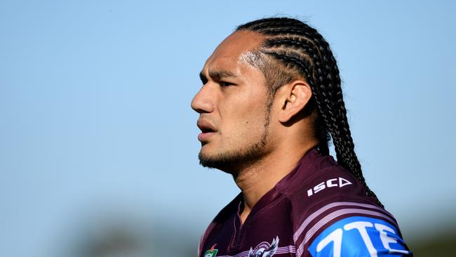 Martin Taupau of the Sea Eagles looks on during warm up before the round 19 NRL match between the Manly Sea Eagles and the West Tigers.