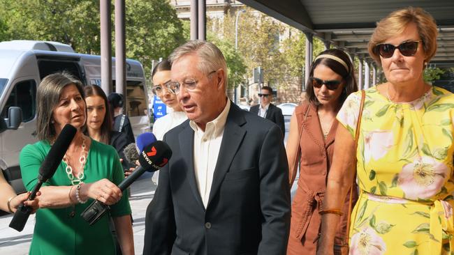 Melissa Hoskins’ parents, Peter and Amanda Hoskins, and her sister Jessica Locke (centre) leaving the District Court last month after giving victim impact statements. Picture: NewsWire / Dean Martin
