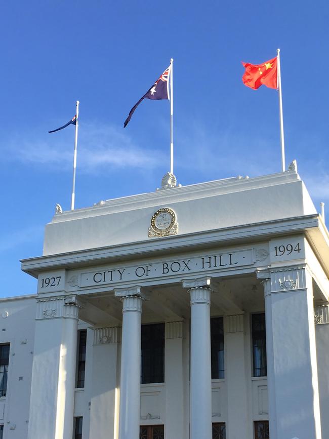 The Chinese flag was flown on Box Hill Town Hall in 2018.