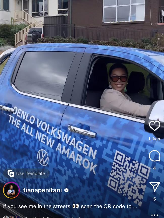 Tiana Penitani has a paid sponsorship with a Volkswagen Australia. Credit: Instagram.