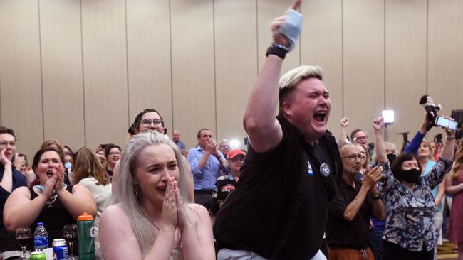 Abortion supporters react to the failed constitutional amendment proposal at the Kansas Constitutional Freedom Primary Election Watch Party in Overland Park, Kansas. Picture: Dave Kaup / AFP