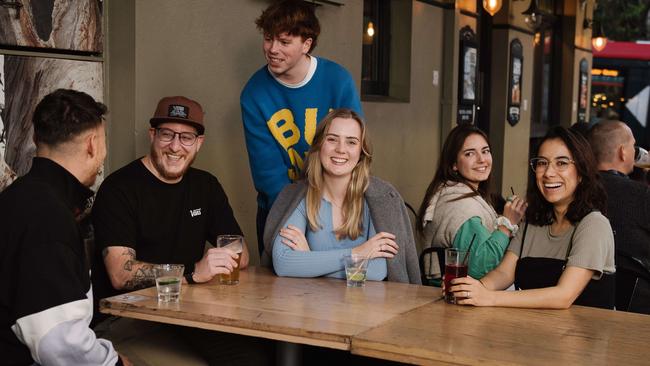 Trent, Plinio, Ben, Pia, Manon and Laura have a post-work drink at the Dove & Olive in Sydney’s inner city on Thursday night. Picture: Michael Bilbe-Taylor
