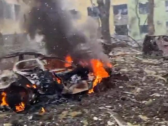 Image grab from footage released by Ukraine Armed Forces on Thursday March 9, 2022 allegedly shows aftermath of Russia army bombardment on a children hospital in Mariupol, southeastern Ukraine, causing enormous destructions. The Ukraine Armed Forces does not indicate casualties of the strikes. Ukraine President Volodymyr Zelensky confirms the strike of the maternity hospital in Mariupol, saying in his online post: 'People, children are under the wreckage. Atrocity! How much longer will the world be an accomplice ignoring terror? Close the sky right now! Stop the killings! You have power but you seem to be losing humanity.' The Red Cross say the humanitarian crisis in Mariupol is apocalyptic and worsening by the hour as Russia continues to bombard the besieged Ukrainian city. Mariupol is a city of regional significance in south eastern Ukraine, situated on the north coast of the Sea of Azov at the mouth of the Kalmius river, in the Pryazovia region. It is the tenth-largest city in Ukraine, and the second largest in Donetsk Oblast with a population of 431,859. (Ukraine Armed Forces/EYEPRESS) (Photo by EyePress News / EyePress via AFP)