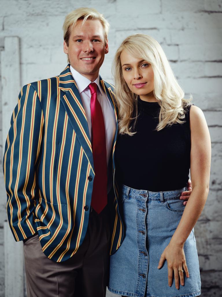 Alex Williams in character as Shane Warne and Marny Kennedy in character as Simone Warne in the Channel 9 mini series Warnie. Picture: Supplied/Channel 9