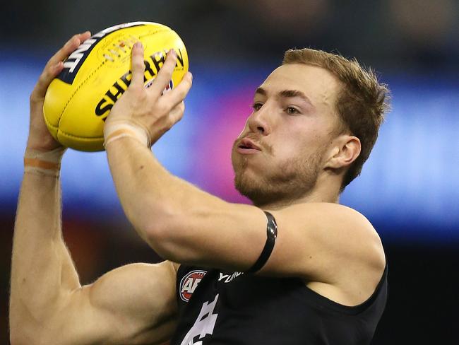 AFL Round 20. 04/08/2019.  Carlton v West Coast at Marvel Stadium .   Harry McKay of the Blues takes a mark in first quarter   .  Pic: Michael Klein