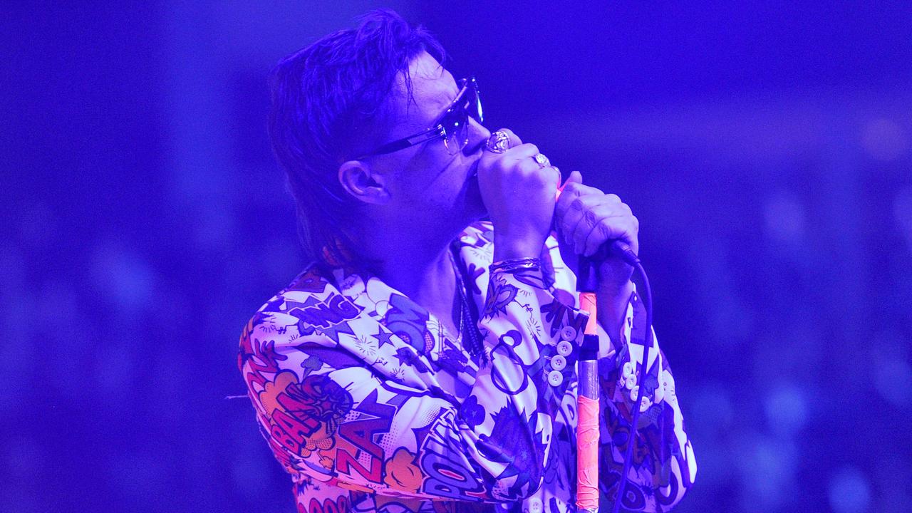 Julian Casablancas of US rock band The Strokes performs at the rally for Democratic presidential hopeful Bernie Sanders. Picture: Joseph Prezioso/AFP