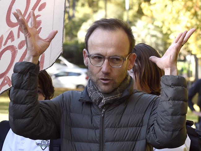 MELBOURNE, AUSTRALIA - NewsWire Photos MAY 21, 2021: Adam Bandt, Australians Greens leader and federal MP for Melbourne, joins protestors in the the Treasury Gardens in Melbourne to call for action on climate change. Picture: NCA NewsWire/Andrew Henshaw