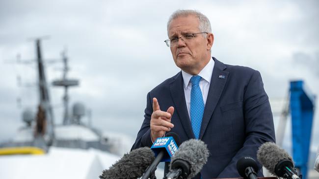 Prime Minister Scott Morrison at Cairns’ Tropical Reef Shipyards on Thursday Picture: Jason Edwards