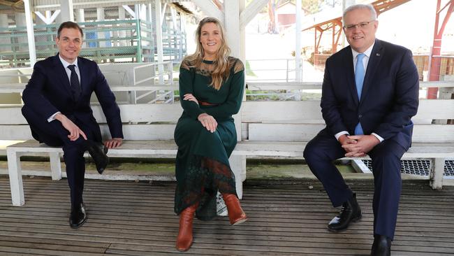 Daily Telegraph editor Ben English, Bush Summit award winner Jane Cay and Prime Minister Scott Morrison at the Bush Summit on Friday. Picture Rohan Kelly