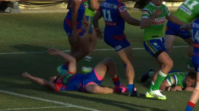 Kalyn Ponga fell hard to the turf in a clumsy Raiders tackle.