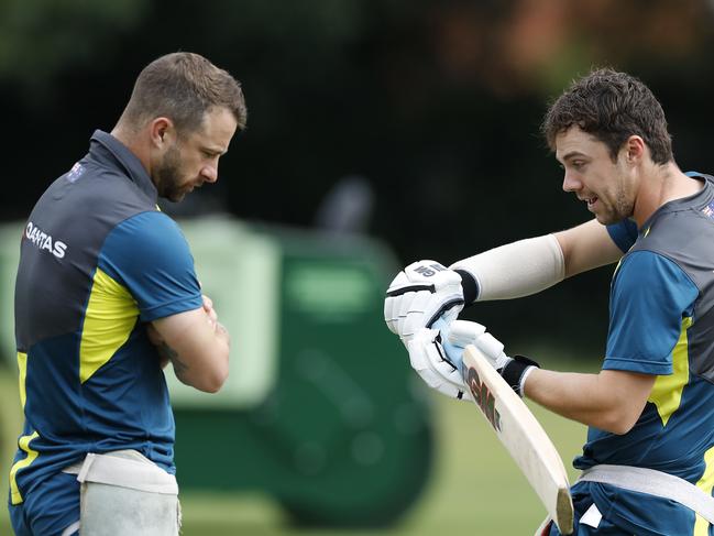 BIRMINGHAM, ENGLAND - JULY 30: Matthew Wade of Australia speaks to Travis Head of Australia during the Australia Nets Session at Edgbaston on July 30, 2019 in Birmingham, England. (Photo by Ryan Pierse/Getty Images)