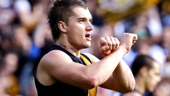 Dustin Martin’s ‘jailhouse salute’ during the 2013 elimination final against Carlton.