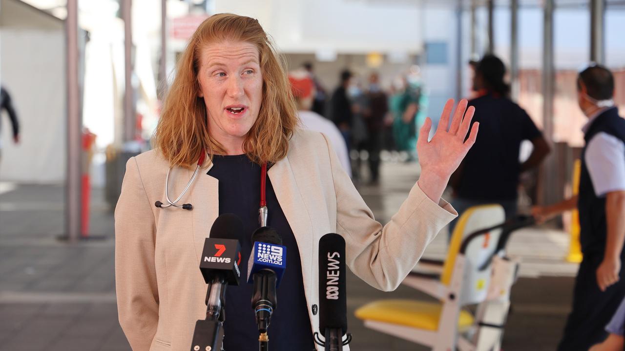 Dr Penny Conor speaks to media outside the Lyell McEwin hospital in Elizabeth. Picture: NCA NewsWire / David Mariuz