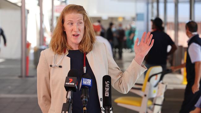 Dr Penny Conor speaks to media outside the Lyell McEwin hospital in Elizabeth. Picture: NCA NewsWire / David Mariuz