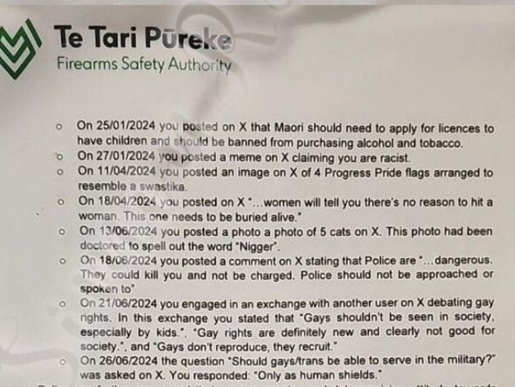 A snippet of the document served to the man by the NZ Police’s Firearms Safety Authority. They claimed he posted a string of “inflammatory posts”. Picture: X