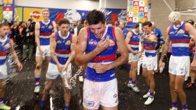 James O'Donnell of the Bulldogs celebrates during the 2023 AFL Round 09 match between the Carlton Blues and the Western Bulldogs at Marvel Stadium on May 13, 2023 in Melbourne, Australia. (Photo by Michael Willson/AFL Photos via Getty Images)