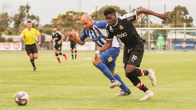 Raiders striker Terence Carter scored four goals in his side’s thrashing of West Adelaide. Picture: Adam Butler