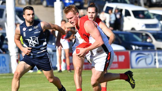 Flagstaff Hill’s Casey Davies in action during the 2019 SFL grand final against Noarlunga. Picture: AAP Image/Keryn Stevens)